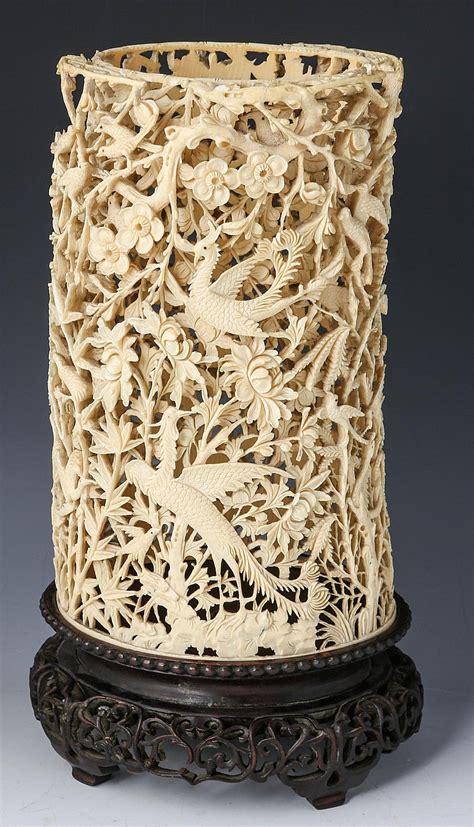 CHINESE 19TH C CARVED IVORY RETICULATED BRUSH POT