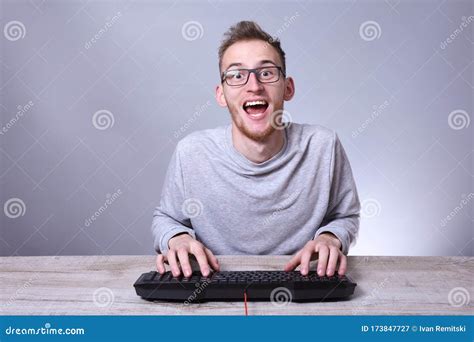 Funny Nerd Young Businessman Man Working On Computertyping On The