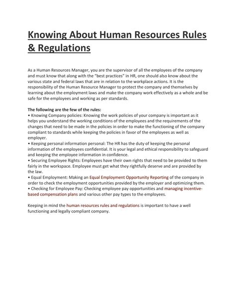 The primary difference between rules and regulation is that while the former do not as such have a legal binding, the latter have a legal binding. Knowing about human resources rules & regulations by HRWeb ...