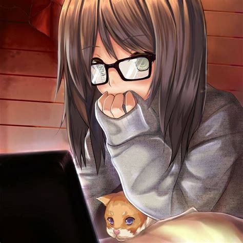 Anime Girl Brown Hair Brown Eyes Gray Dress Eye Glasses Cat Laptop Cute Pinterest Manga
