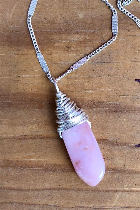 Pink Opal Necklace Peruvian Pink Opal Wire Wrapped Necklace Pink