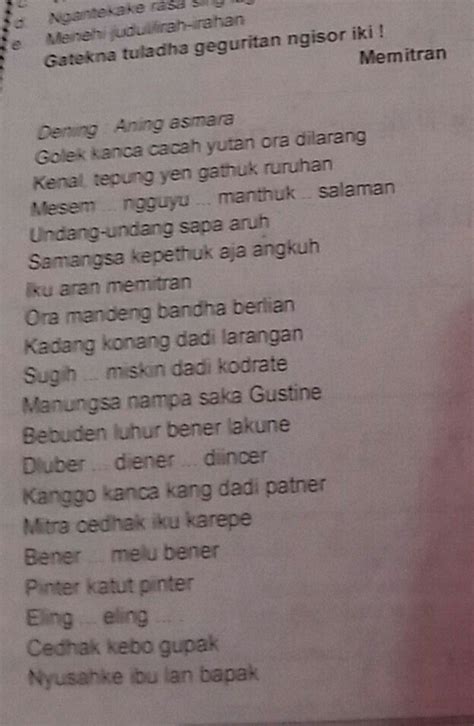 Nah, bagi kalian yang masih bingung mengenai apa itu geguritan, cara membuat geguritan dan contoh geguritan dalam bahasa jawa, salah satunya adalah. Geguritan Jawa Lan Pesan Moral Boso Jowo - Geguritan Jawa ...