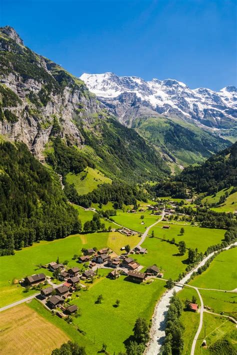 Aerial View Of Lauterbrunnen Valley And Jungfrau Swiss Alps Behind