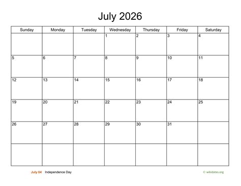 Basic Calendar For July 2026