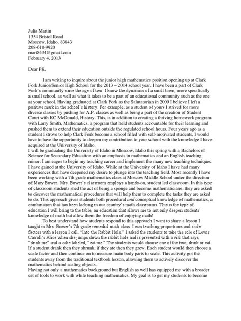 Sample Cover Letter | Physics & Mathematics | Mathematics