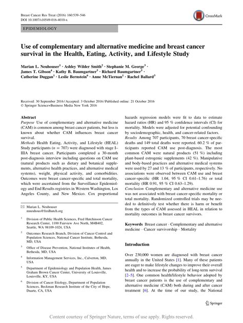 use of complementary and alternative medicine and breast cancer survival in the health eating