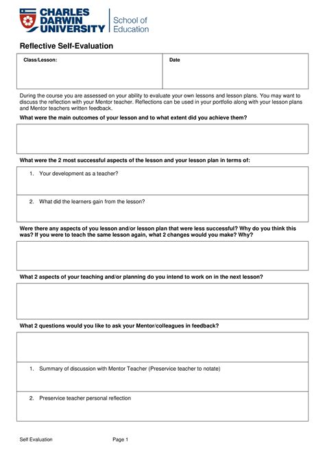 Reflective Self Evaluation Sample Templates At