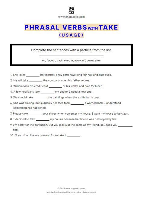 Phrasal Verbs With The Verb Take Exercise 2 Usage Worksheet
