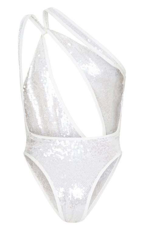 White Sequin Contrast Binding Plunge Swimsuit Prettylittlething