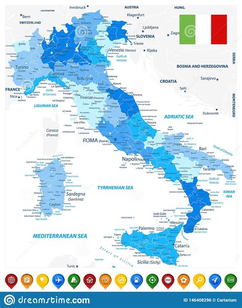 Italy Administrative Divisions Map Blue Colors And Colored Map Icons
