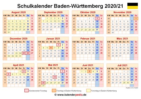 Der urlaubsplaner 2021 mit feiertagen, ferien, brückentagen und lange wochenenden. Schulkalender 2020/2021 Baden-Württemberg für Excel