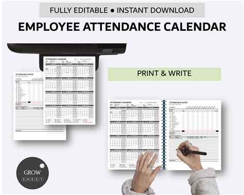 Printable Employee Attendance Calendar Custom Attendance Etsy Canada