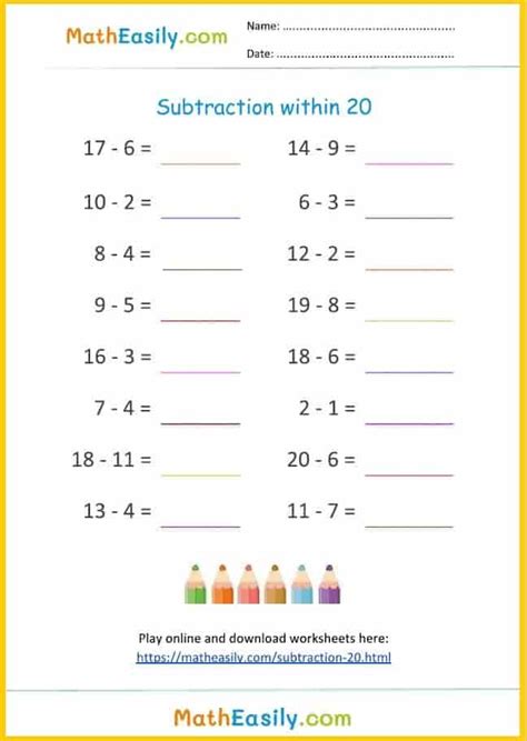 Subtraction Within 20 Worksheets