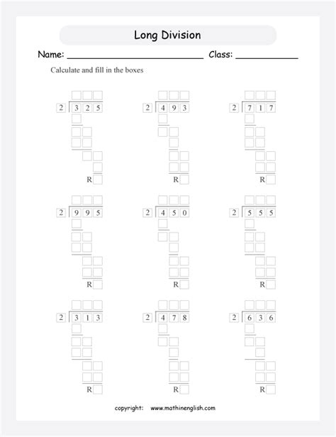 We've already practiced long division, but so far our answers have all come out even (in other words, our last subtraction problem ended in an answer of 0). Printable primary math worksheet for math grades 1 to 6 based on the Singapore math curriculum.