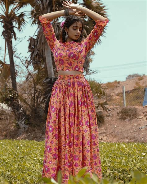 Orange And Pink Floral Printed Crop Top With Skirt Set Of Two By Kundavai The Secret Label
