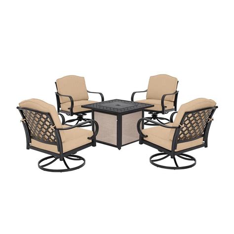 hampton bay laurel oaks 5 piece black steel patio conversation seating set with beige cush