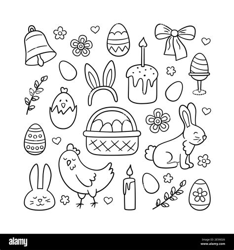 Cute Easter Doodle Set Bunny Basket Easter Eggs Cakes Chicken