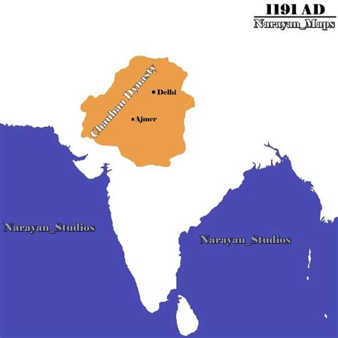 Map Of Chauhan Dynasty Under The Kingship Of Prithviraj Chauhan In 1191