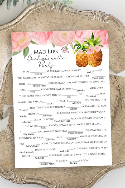 Pineapple Mad Libs Bachelorette Party Game Template Bridal Shower Pink Floral Tropical Design