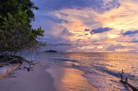 Incredible Sunset On Wonderful Turquoise Tropical Paradise Beach Stock