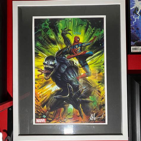 Framed Spider Man Vs Venom Print Signed By Adi Granov 17 X 21