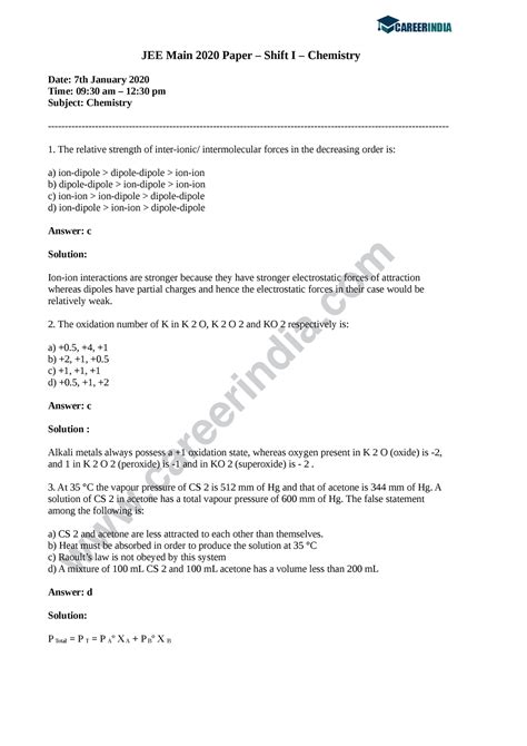 Jee Main 7th Jan Chemistry Question Paper I Shift I 2020 1503 Jee