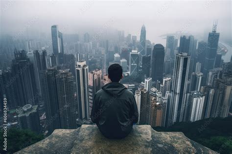 Person On Cliff Watching A City With Skyscrapers Loneliness
