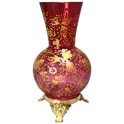 Victorian Moser Ruby Cranberry Art Glass Bud Vase Enamel Gild Flowers Ruby Lane