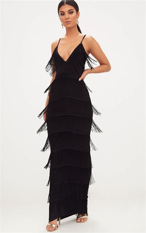 Black Tassel Detail Strappy Maxi Dress Prettylittlething Aus