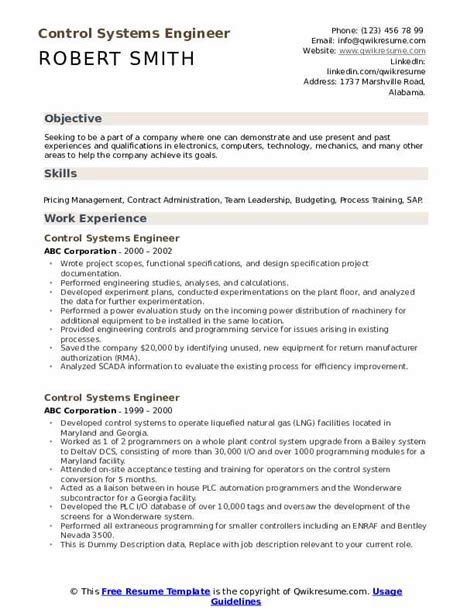 Control Systems Engineer Resume Samples Qwikresume