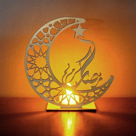 Hölzerne Ramadan Eid Mubarak Dekorationen Für Home Moon Led Kerzen