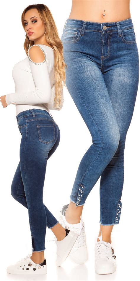 sexy hoge taille jeans decoratieve parels and strass steentjes jeansblauw skinny jeans