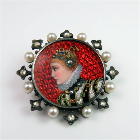 Victorian Enamel Portrait Brooch Diamond Pearl 18k Gold Brooch Enamel