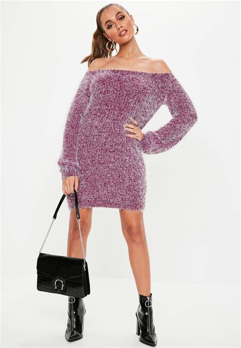 Pink Chenille Fluffy Bardot Sweater Dress Missguided