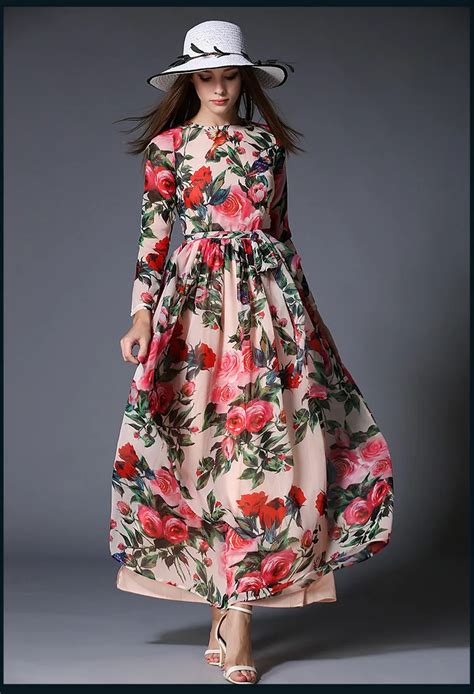 2017 O Neck Autumn High Qualit Slim Long Sleeve Print Sexy Sashes Dress Chiffon Party Banquet