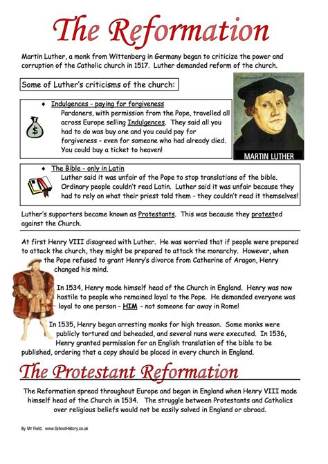 protestant reformation worksheet year  study guide