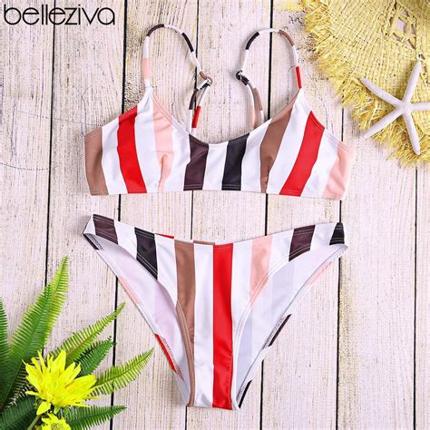 belleziva sexy spaghetti strap padded brazilian bikini striped backless vertical stripe push up