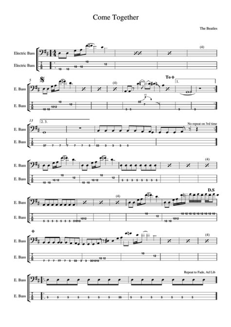 Come Together Electric Bass The Beatles Music Sheet Printable Pdf Download