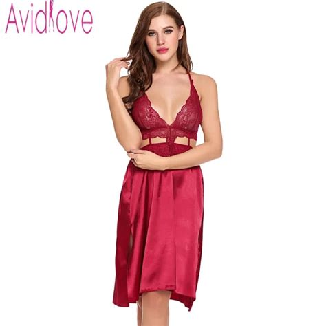 Avidlove Sex Clothes Sexy Nightgown Silk Satin Plus Size Night Dress Patchwork Nighties Lace