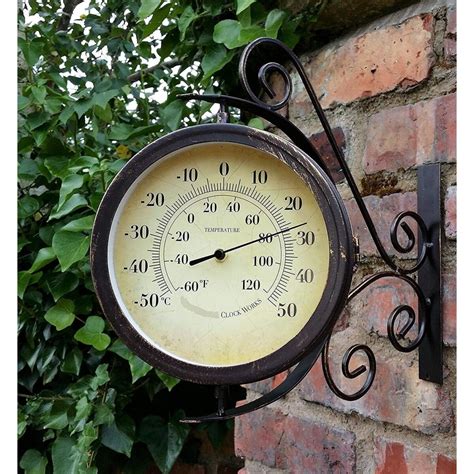 Vintage Outdoor Garden Clock With Thermometer And Swivel Station Bracket