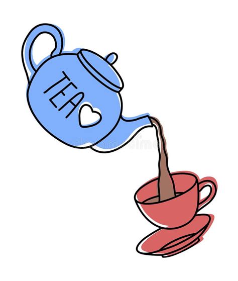 Teapot Pouring Tea Into A Tea Cup Line Art Illustration Stock Vector