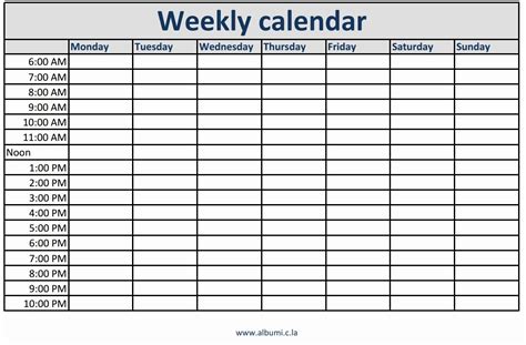 Monday Through Friday Hourly Schedule Template