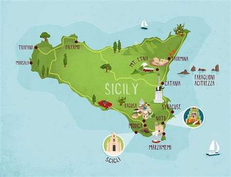 Sicily Map Illustration Sicilia Foto Del Tramonto