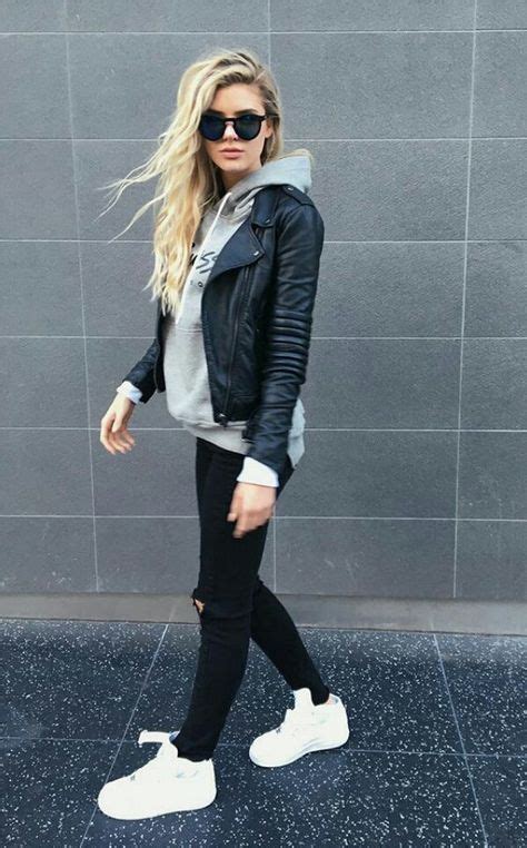 Grey Hoodie Under Leather Jacket Outfit Inspo Fall Fashion Outfits