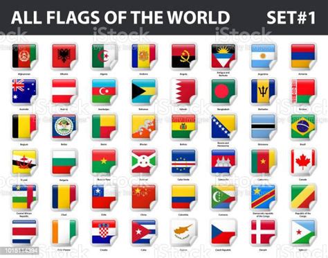 All Flags Of The World In Alphabetical Order Glossy Square Stickers Set