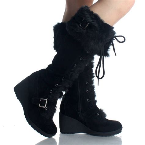 black suede fur winter lace up wedge high heel womens mid calf boots shoes pinterest mid