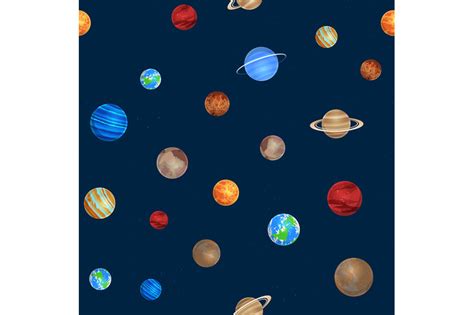 Solar System Seamless Pattern Different Colorful Planets On Space Bac