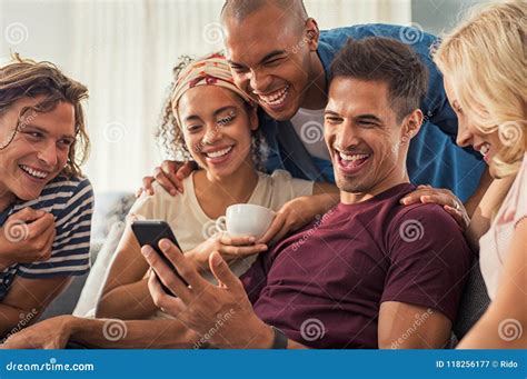 Happy Friends Laughing Together Stock Image Image Of Smile Cellphone