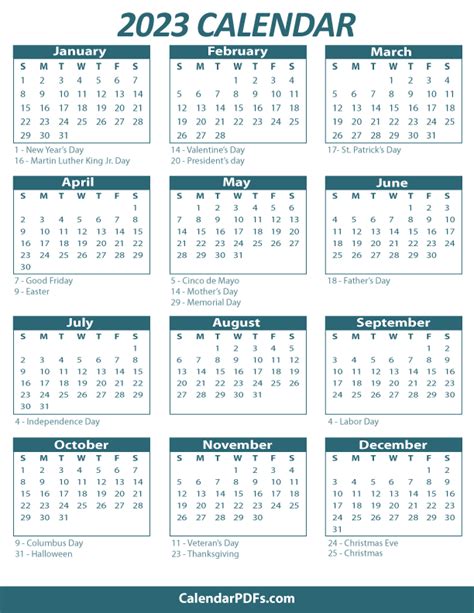 2023 Printable Yearly Holiday Aqua Calendar Pdf On One Page Download