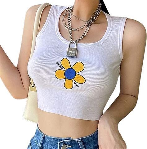 Toyoungup Womens Cropped Tank Top Round Neck Teen Y2k E Girl Summer Clothes Printed Crop Tank